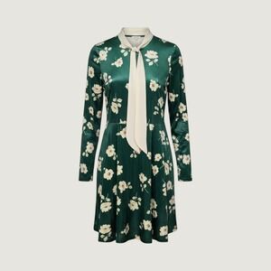 Smak Parlour Green Velvet Floral Mini Dress Long Sleeve Neck Tie Small